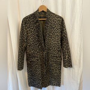 Blank NYC leopard print faux leather longline jacket in olive green. Size XS.